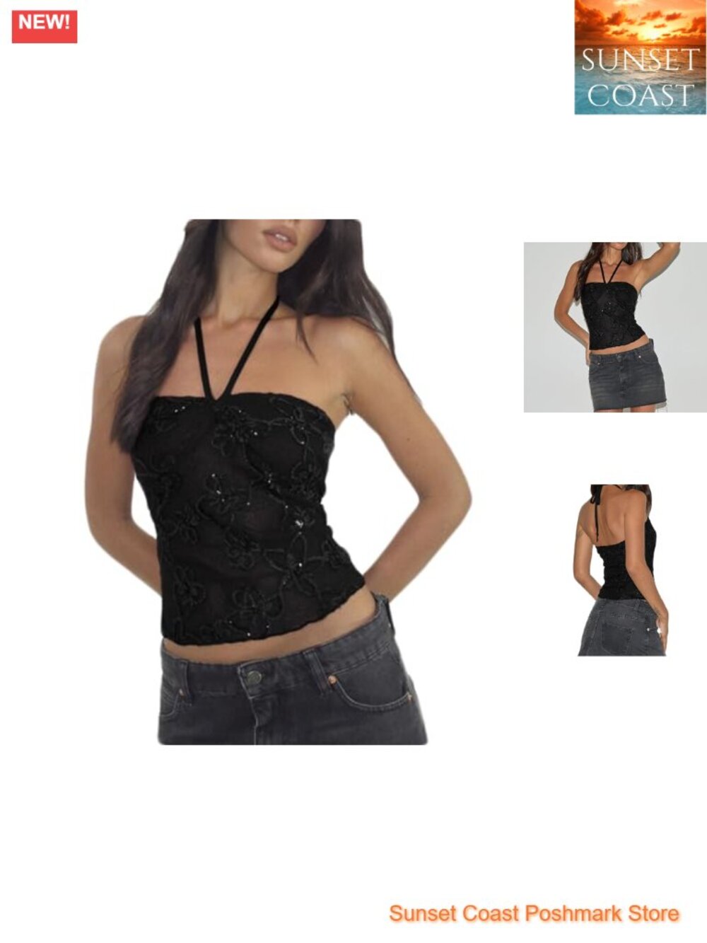 Womens Sleeveless Sequin Halter Tank Top Fit Floral Print Back Tie Crop Vest